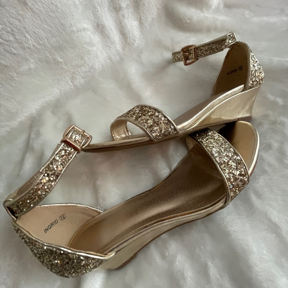Women’s size 7.5 gold sparkly wedge heel